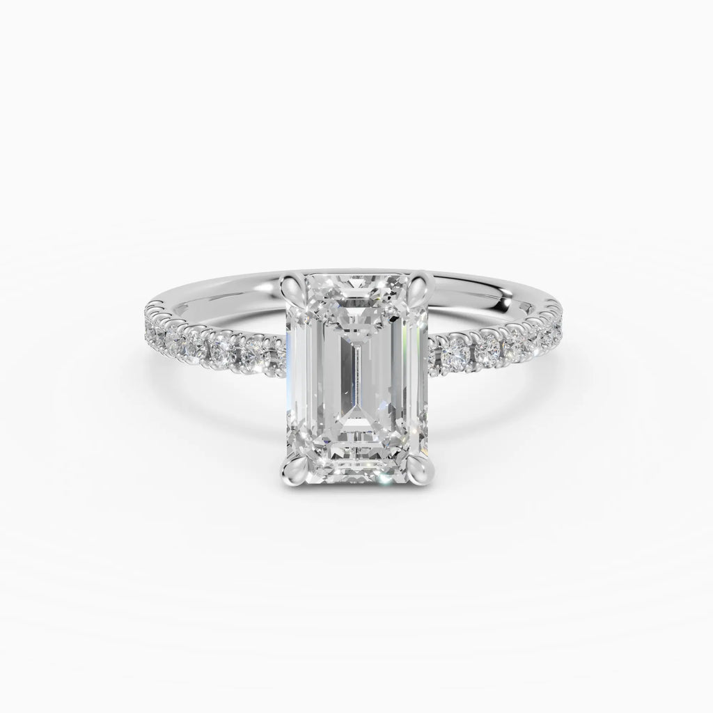 Anillo de compromiso AURORA esmeralda solitario corte medio pavé - detalle banda