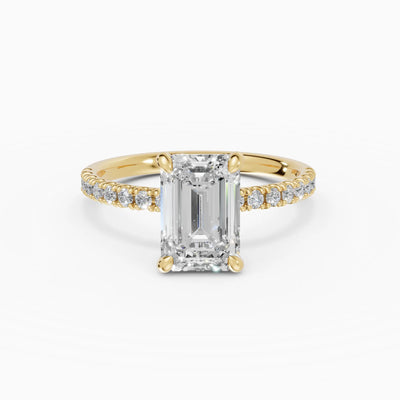 Anillo de compromiso AURORA esmeralda solitario corte medio pavé en oro amarillo 18k