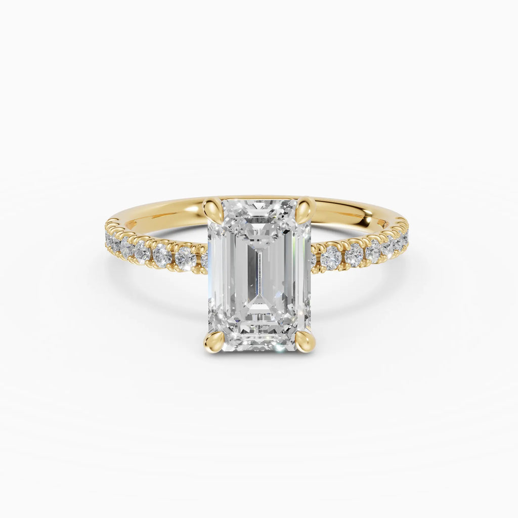 Anillo de compromiso AURORA esmeralda solitario corte medio pavé en oro amarillo 18k