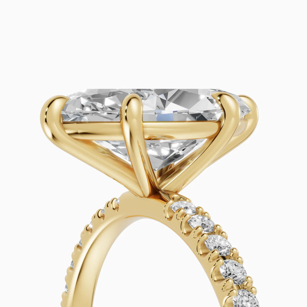 Anillo de compromiso AURORA marquesa solitario corte medio pavé en oro amarillo 14k - detalle engaste