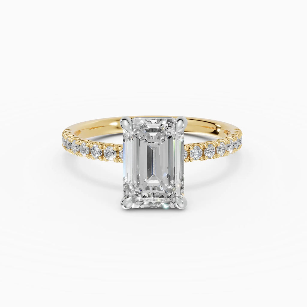 Anillo de compromiso AURORA esmeralda solitario corte medio pavé