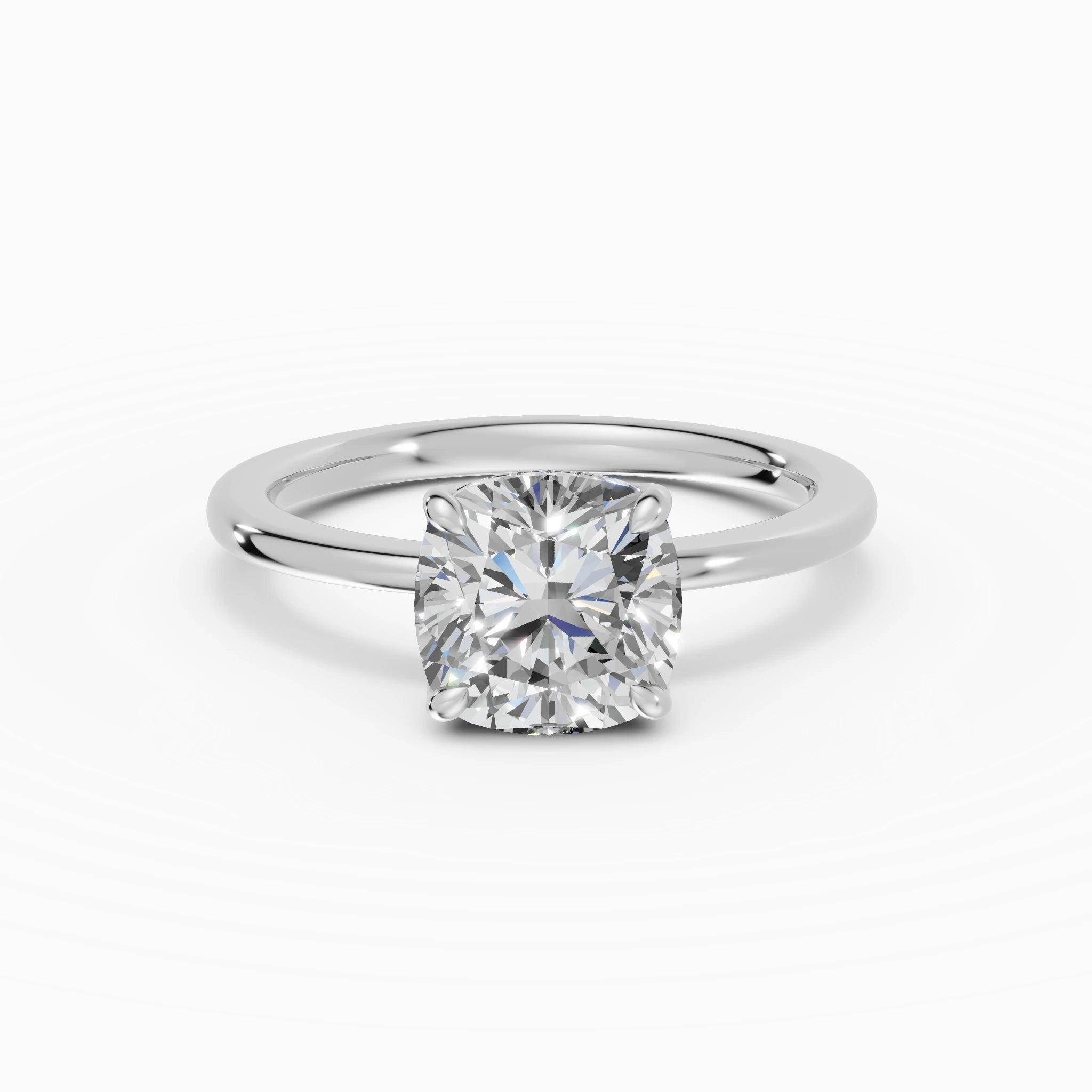 Anillo de compromiso Flora en oro blanco con diamante corte cojín de 2 quilates detalle del aro