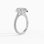 HELIA pear halo with cathedral setting engagement ring - worn on hand