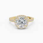 HELIA cushion halo with cathedral setting engagement ring in 18k yellow gold