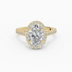 HELIA oval halo with cathedral setting engagement ring in 18k yellow gold