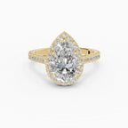 HELIA pear halo with cathedral setting engagement ring in 18k yellow gold