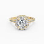 HELIA round brilliant halo with cathedral setting engagement ring in 18k yellow gold