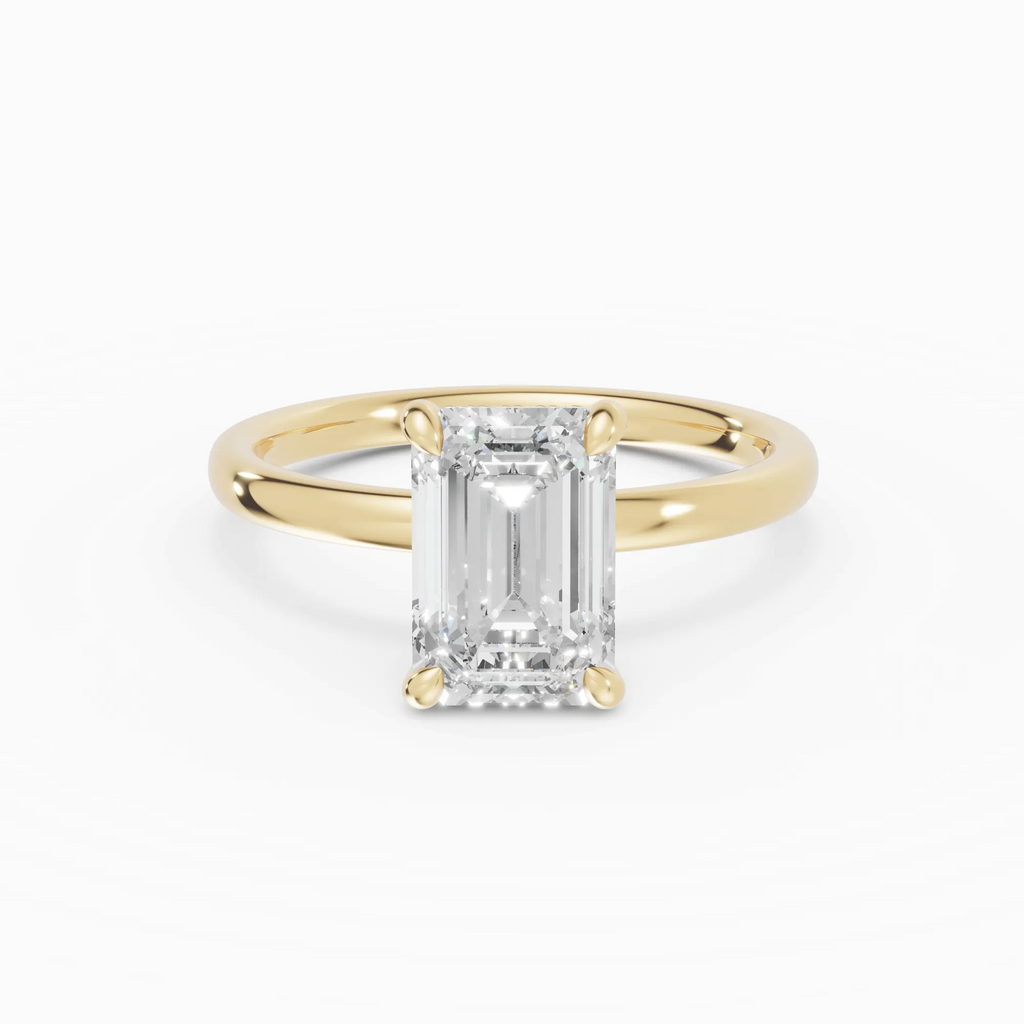Anillo de compromiso THEIA esmeralda solitario halo escondido en oro amarillo 18k