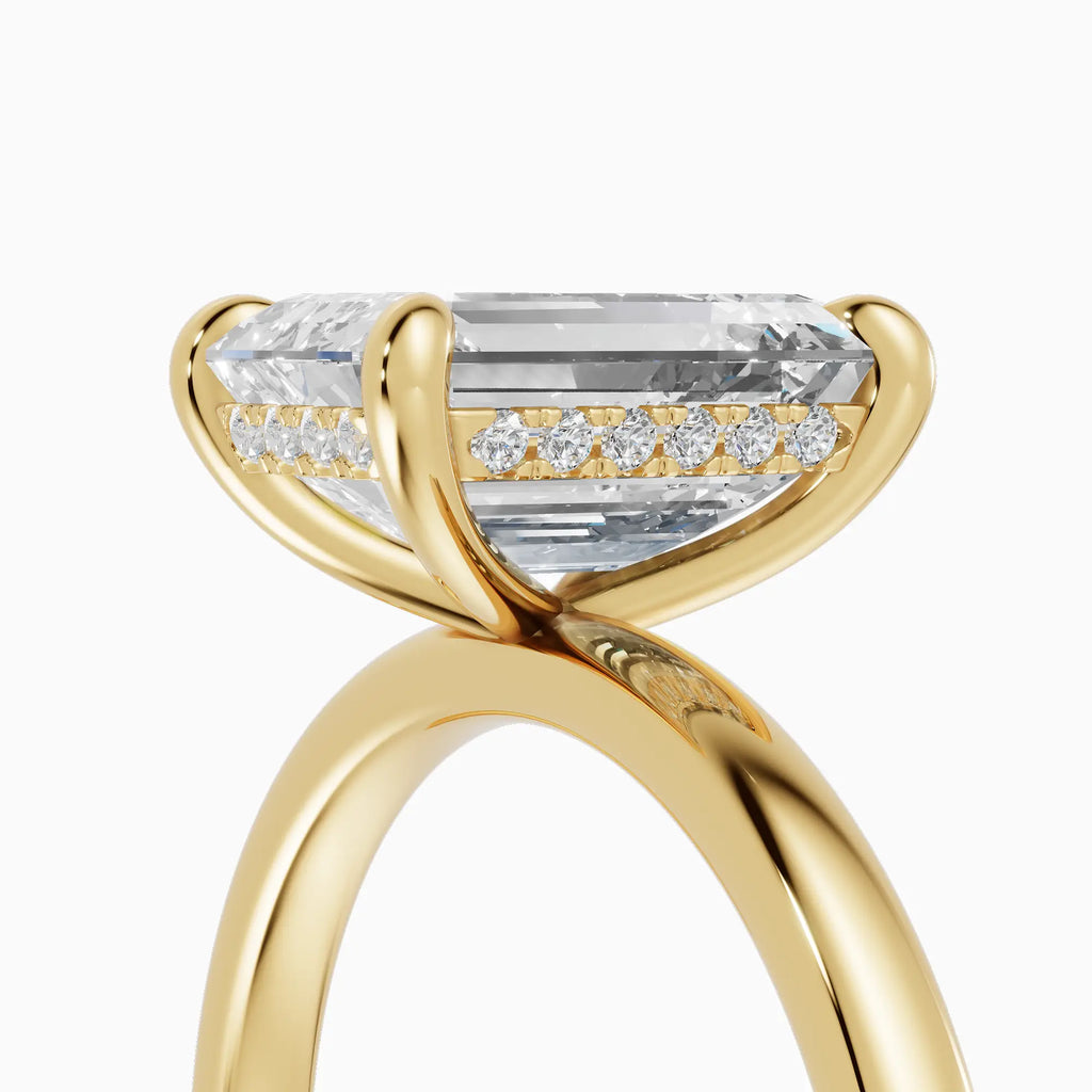 Anillo de compromiso THEIA esmeralda solitario halo escondido en platino - detalle engaste