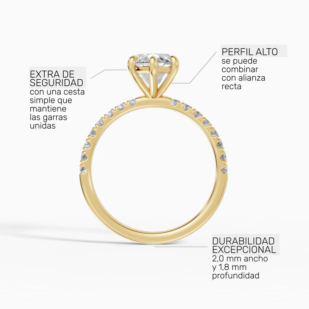 Anillo de compromiso AURORA marquesa solitario corte medio pavé en platino - perspectiva