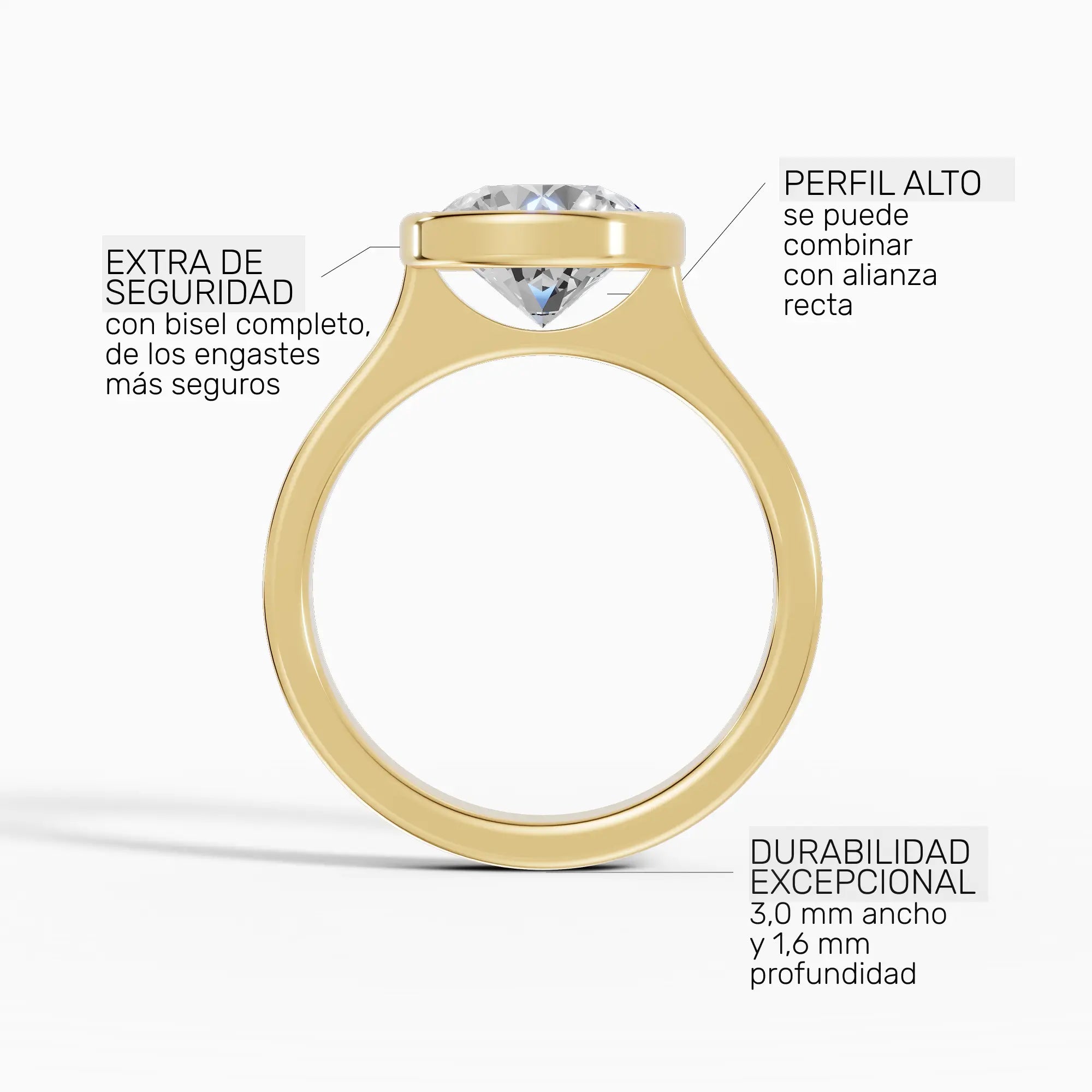 Anillo de compromiso HERA brillante solitario biselado en oro amarillo - ficha técnica de seguridad y perfil