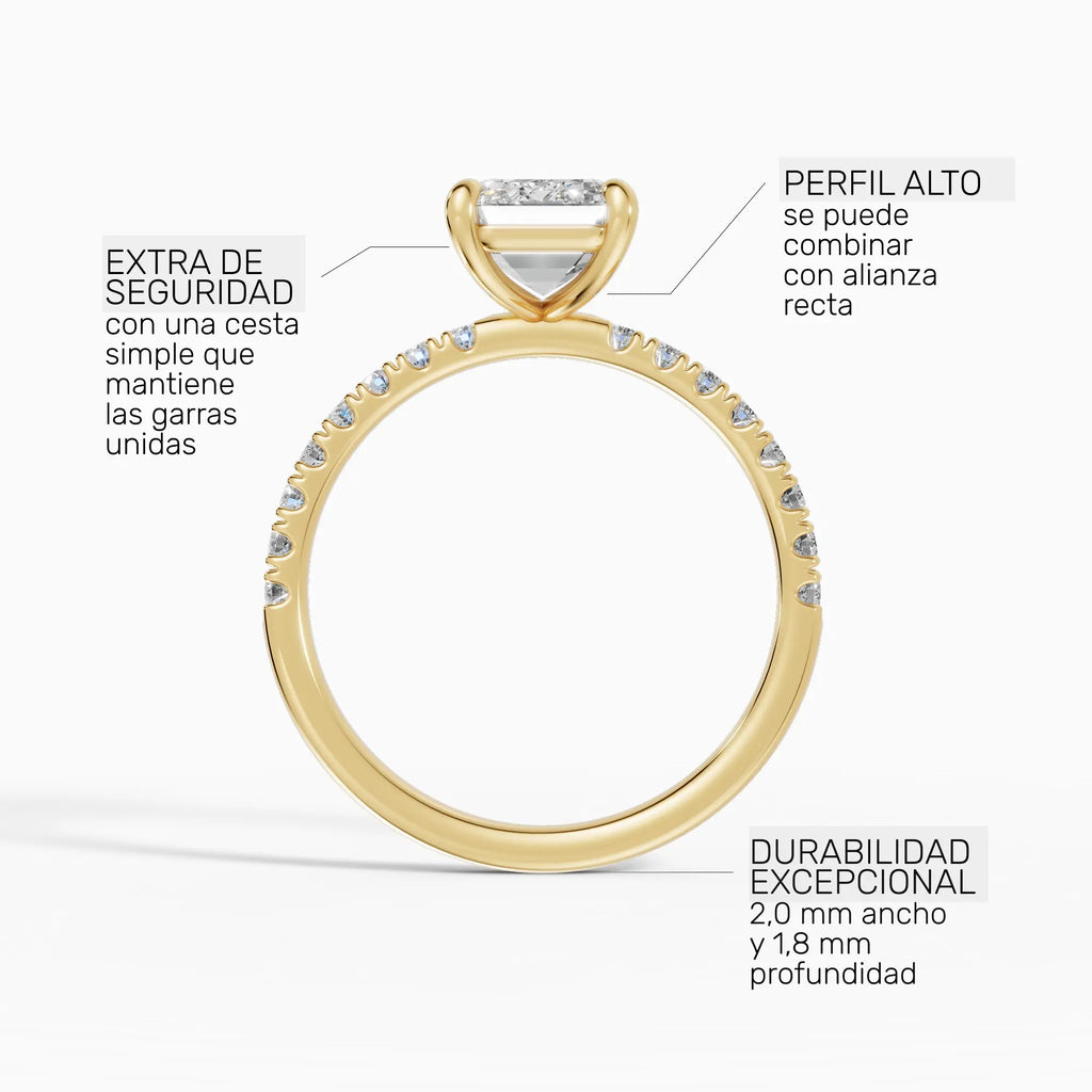 Anillo de compromiso AURORA esmeralda solitario corte medio pavé en platino - perspectiva