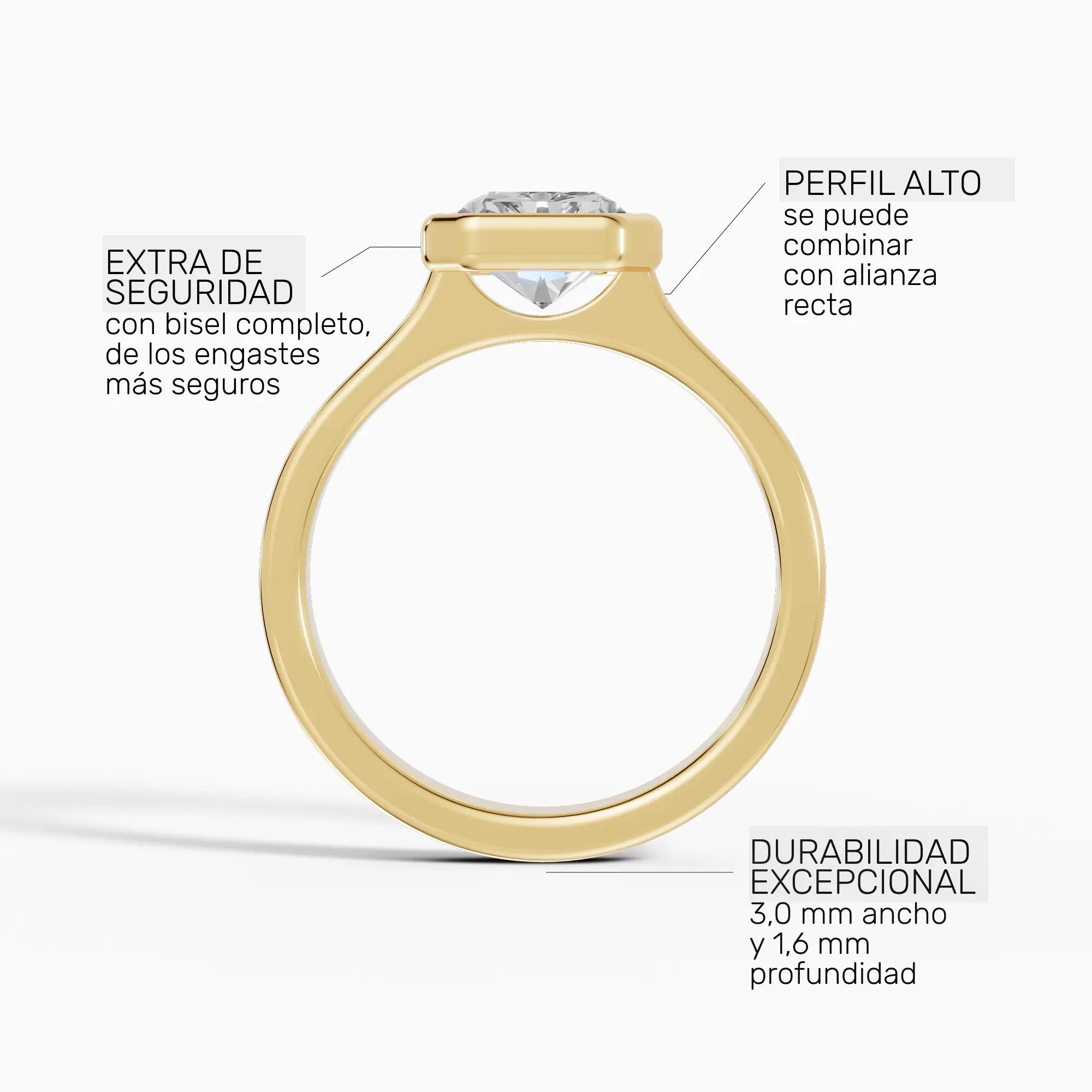 Anillo de compromiso HERA radiante solitario biselado en oro amarillo - ficha técnica de seguridad y perfil
