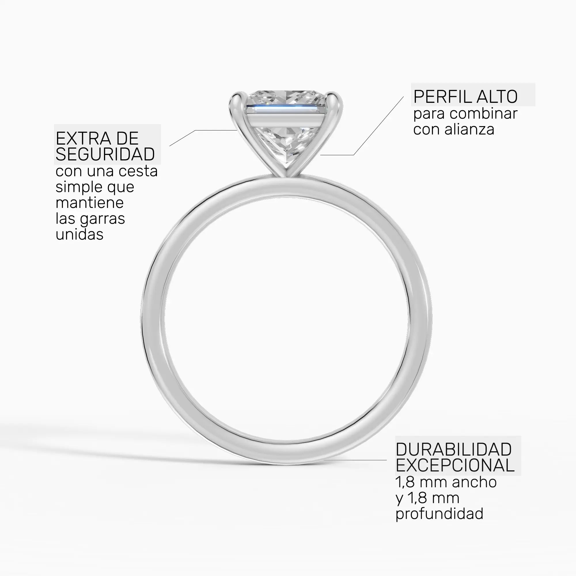Anillo de compromiso GAIA princesa solitario en oro blanco 14k - perspectiva