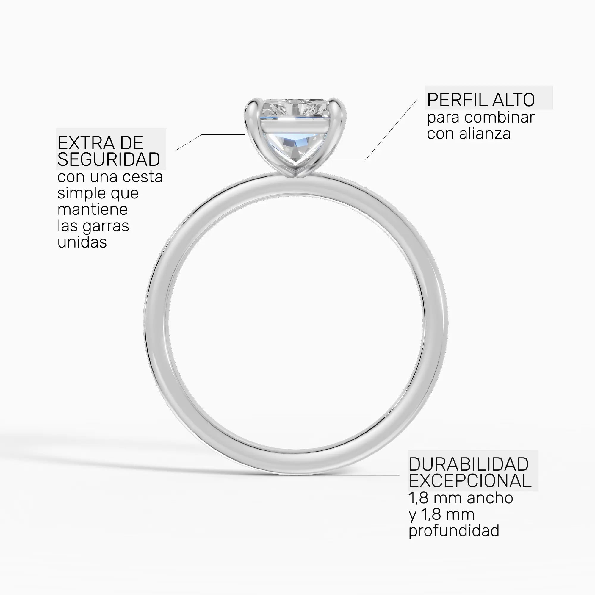 Anillo de compromiso GAIA radiante solitario en oro blanco 14k - perspectiva