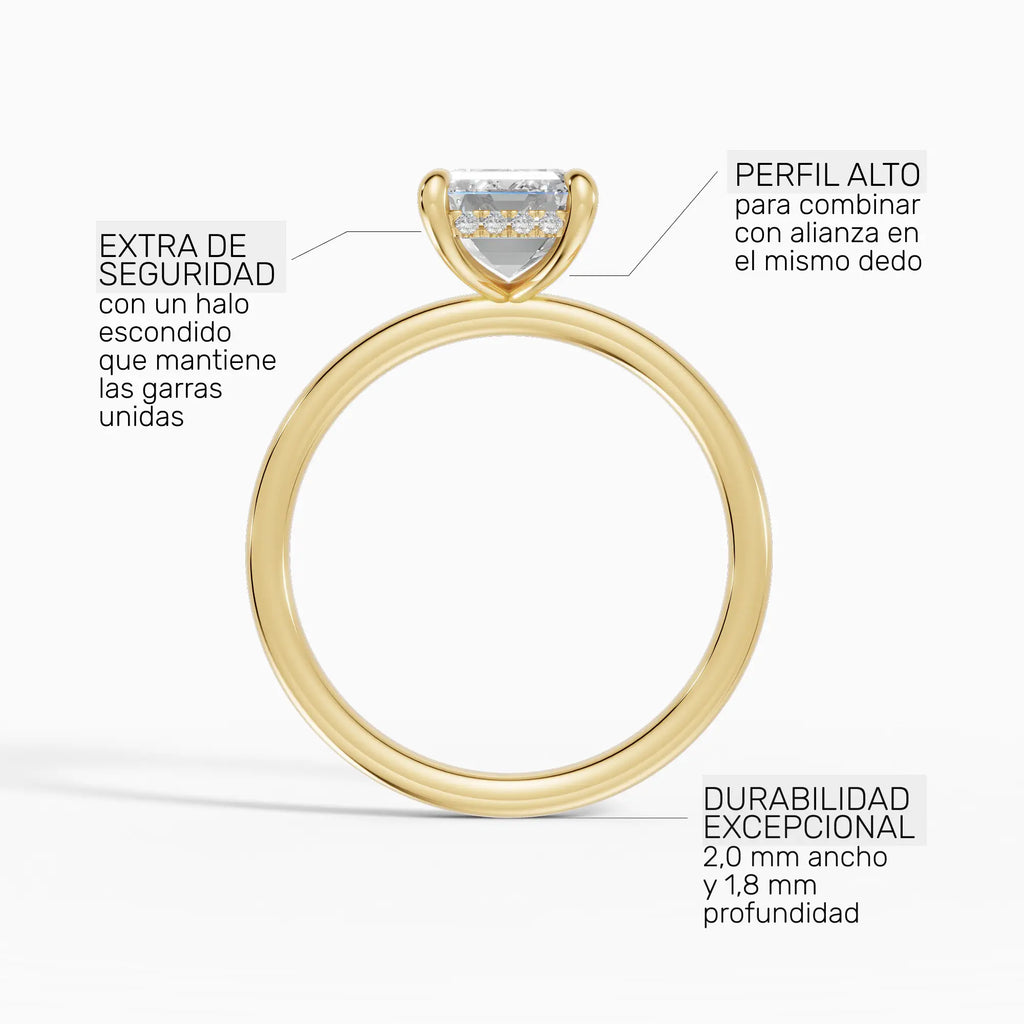 Anillo de compromiso THEIA esmeralda solitario halo escondido en oro amarillo 14k - perspectiva