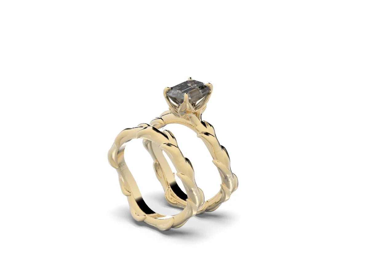 anillo compromiso personalizado oro amarillo bravora moissanita gris corte esmeralda 4 garras 1.5 quilates 14k 18k promesa 