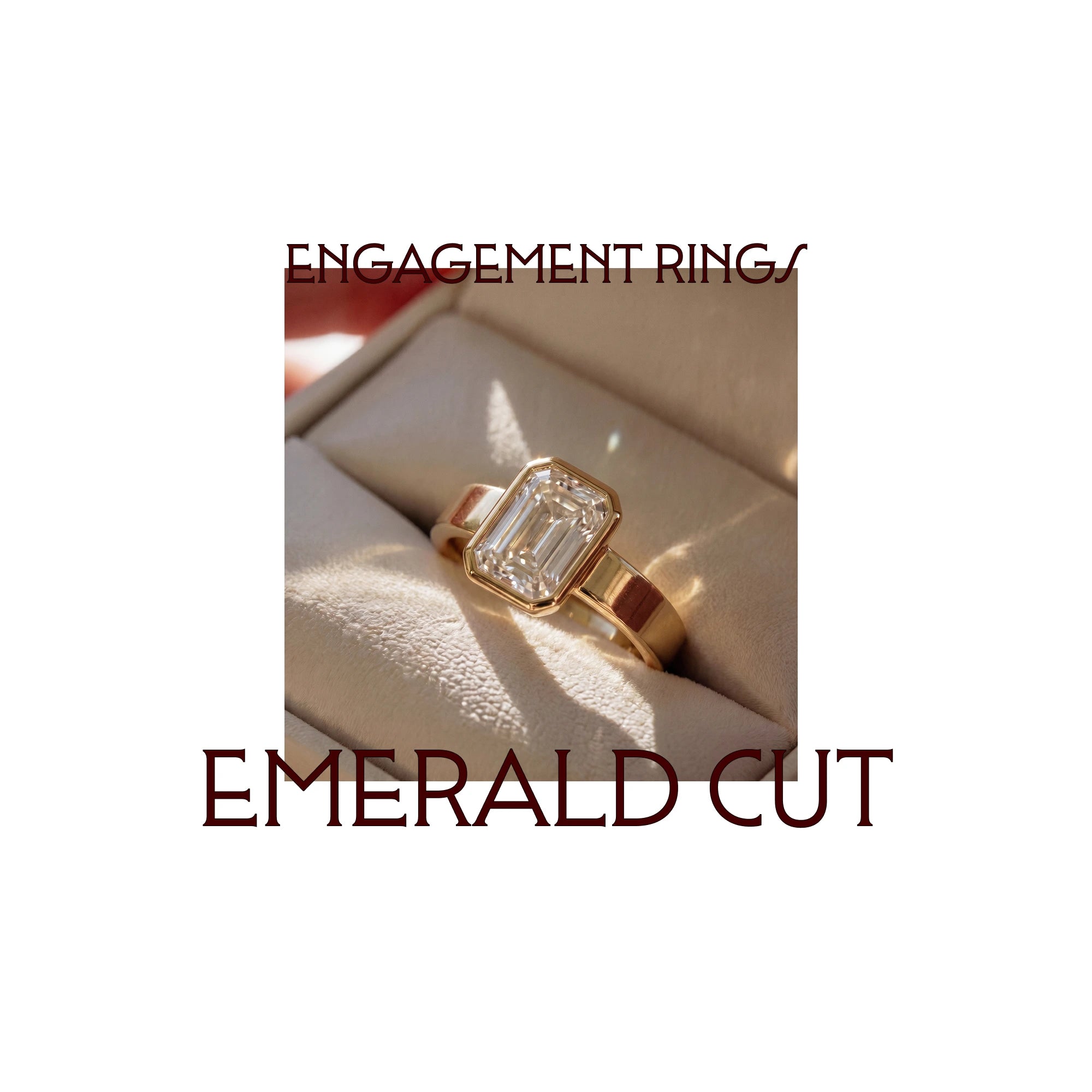 Anillo de compromiso corte esmeralda con bisel en oro amarillo sobre estuche