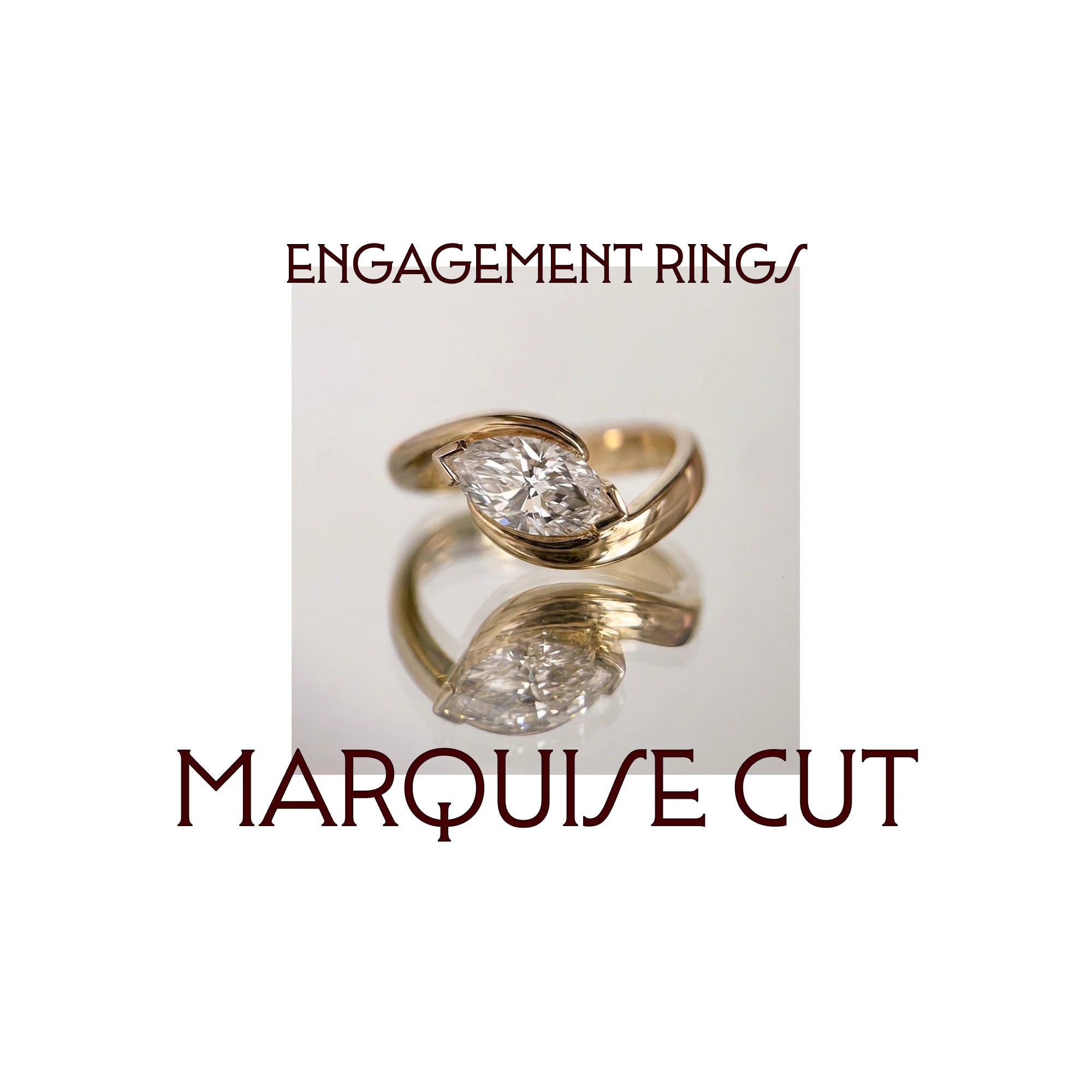 Anillo de compromiso corte marquesa en oro amarillo sobre superficie reflectante