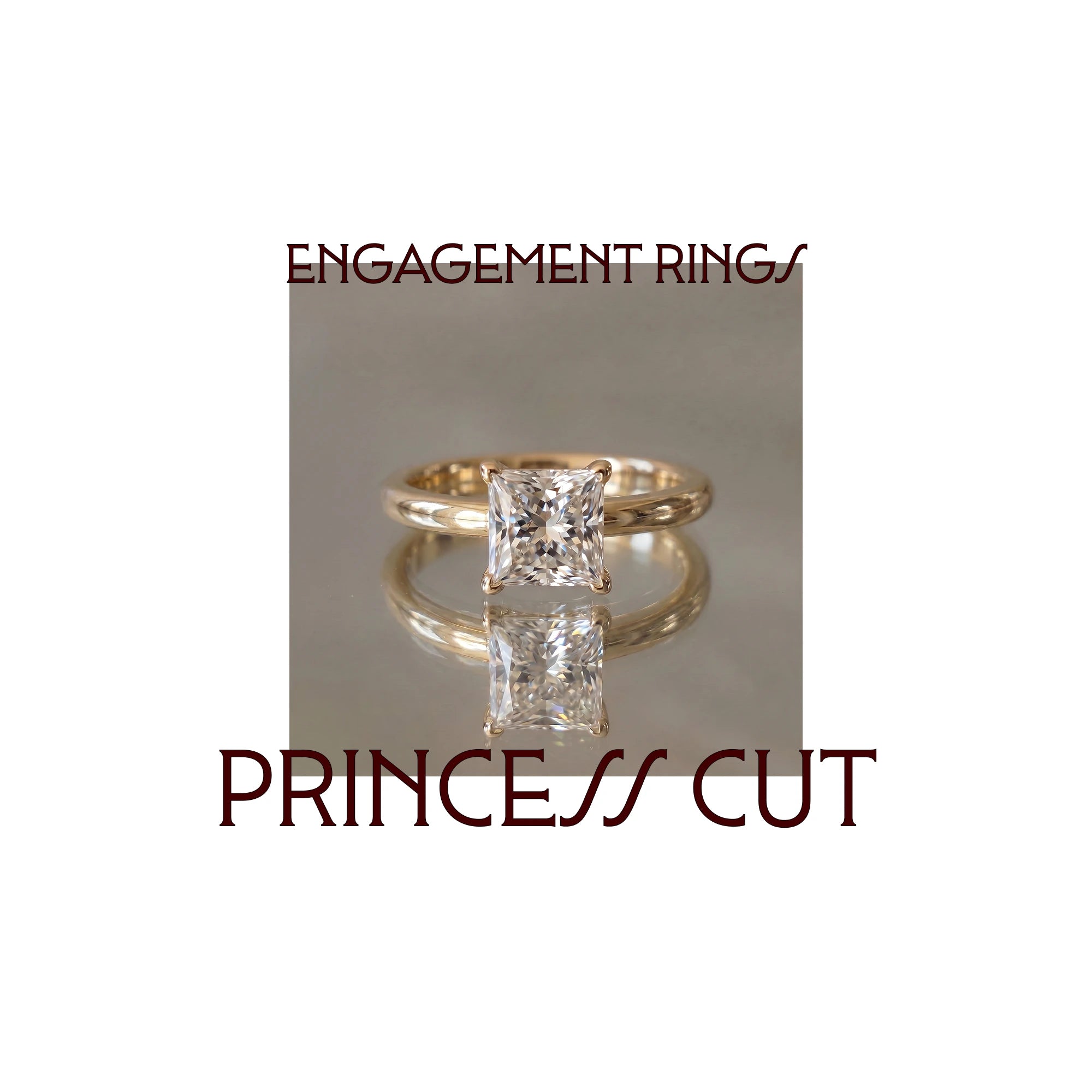 Anillo de compromiso corte princesa en oro amarillo sobre superficie reflectante