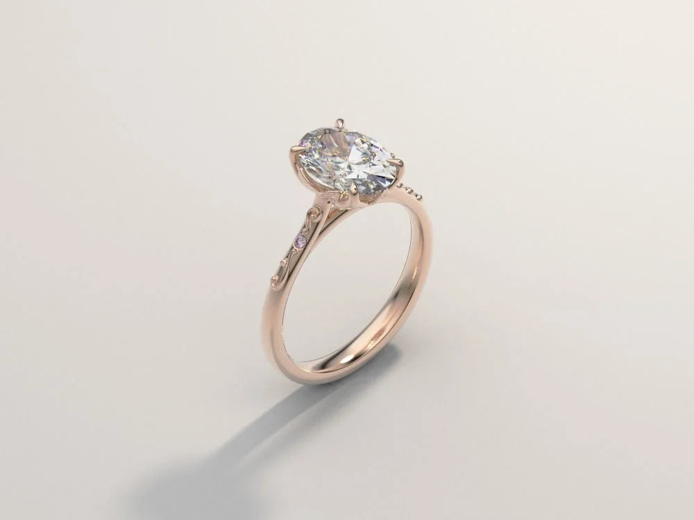 Anillo de compromiso oval solitario floral en oro rosa 18k hecho a medida por BRAVORA