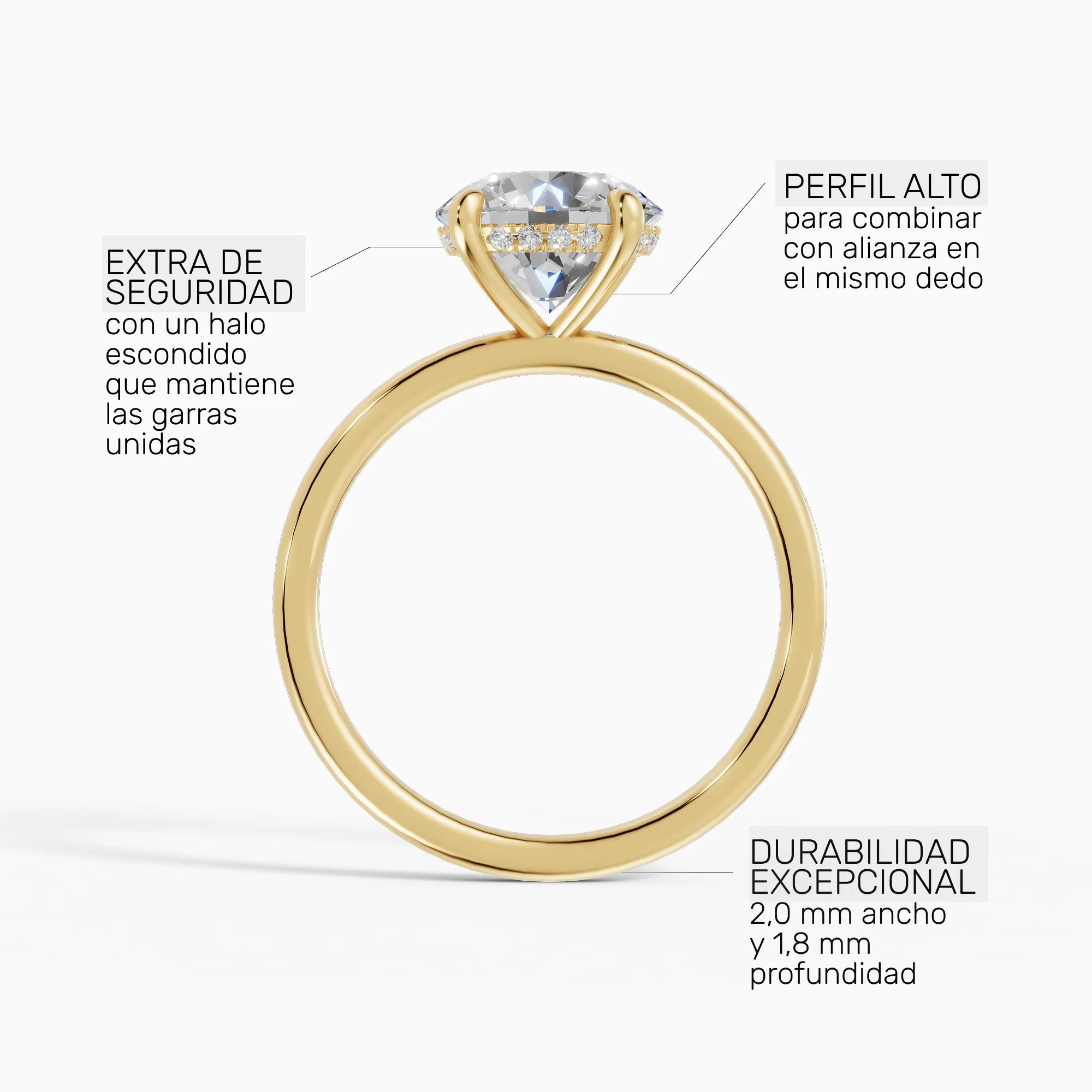Anillo de compromiso THEIA brillante solitario halo escondido en oro amarillo 14k - perspectiva