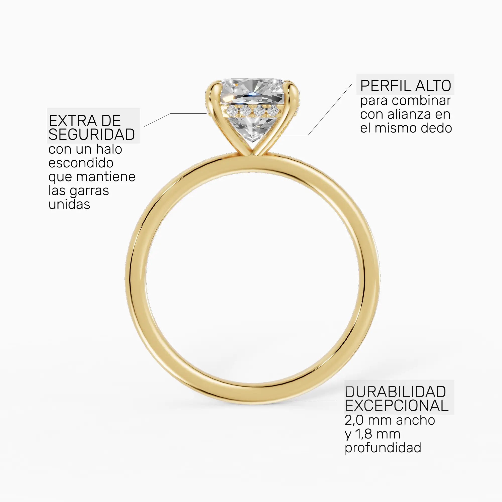Anillo de compromiso THEIA cojín solitario halo escondido en oro amarillo 14k - perspectiva