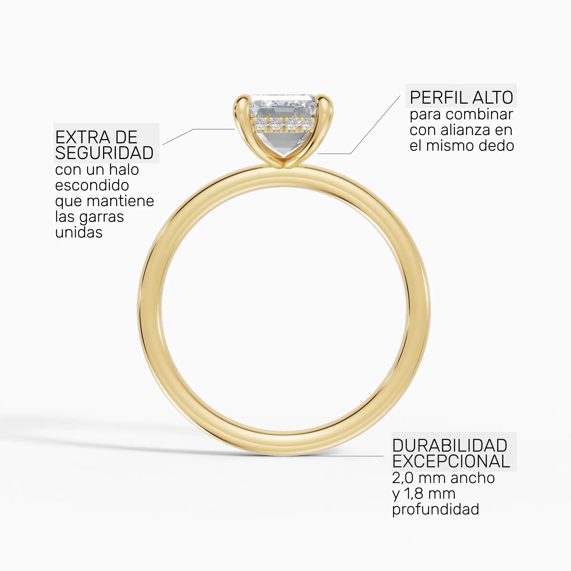 Anillo de compromiso THEIA esmeralda solitario halo escondido en oro rosa - perspectiva
