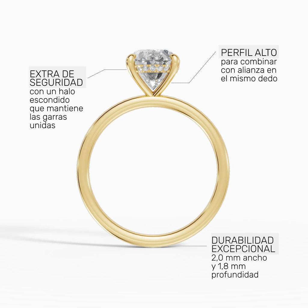 Anillo de compromiso THEIA oval solitario halo escondido en oro amarillo 14k - perspectiva