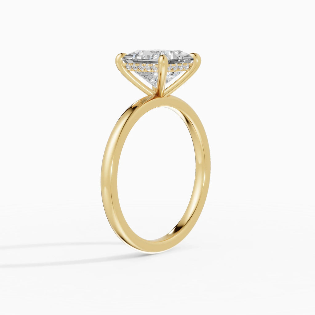 Anillo de compromiso THEIA princesa solitario halo escondido en oro amarillo - vista lateral