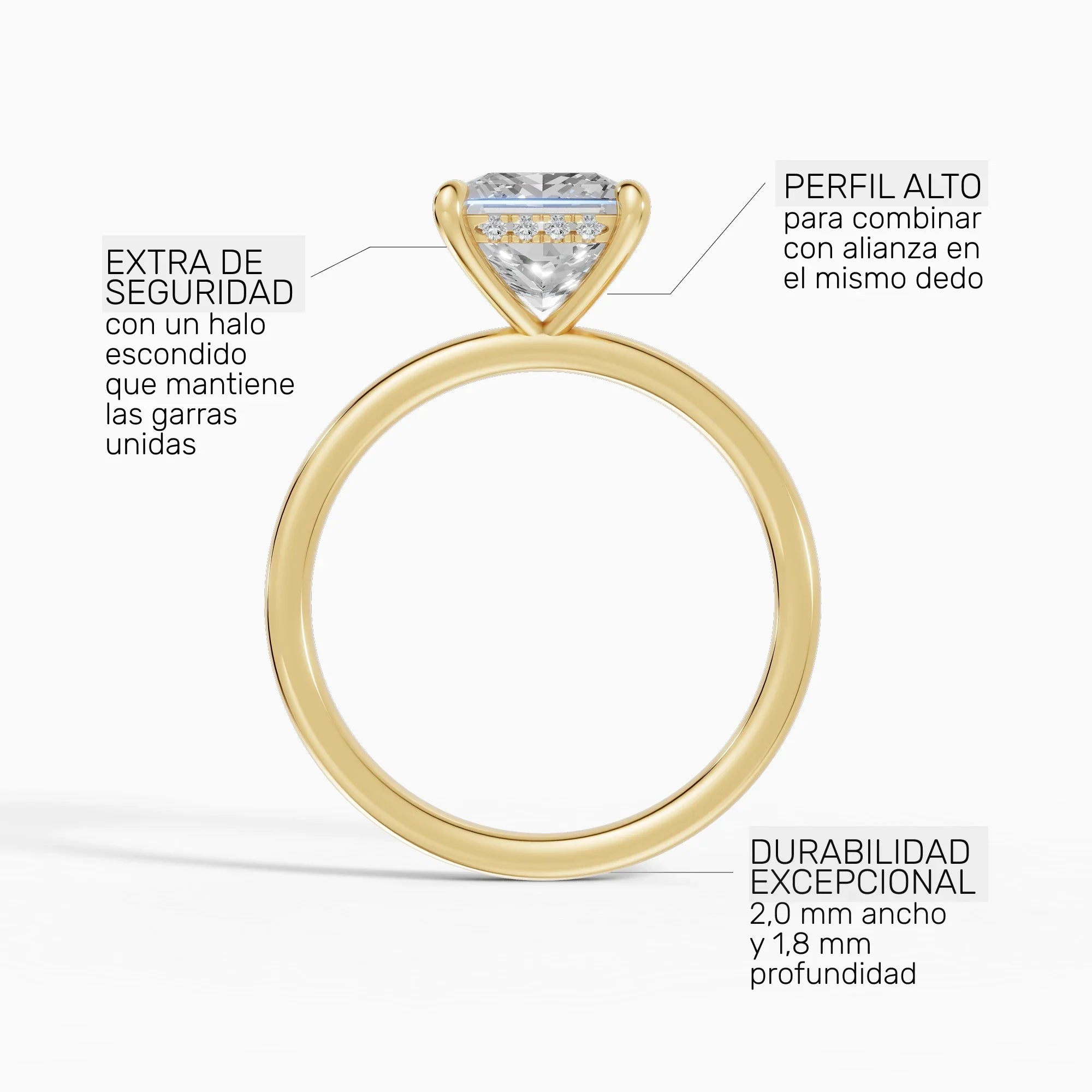 Anillo de compromiso THEIA princesa solitario halo escondido en oro amarillo 14k - perspectiva