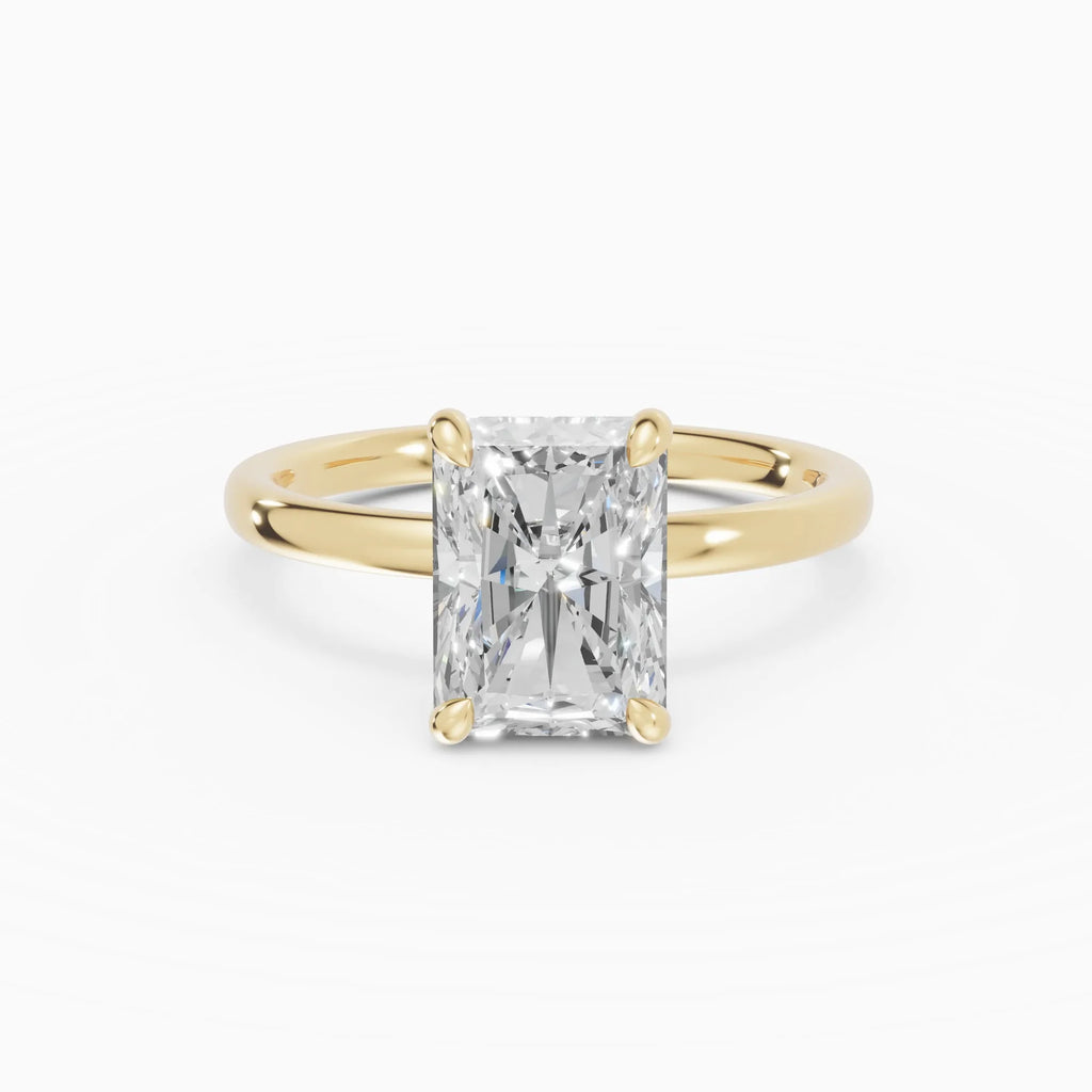 Anillo de compromiso THEIA radiante solitario halo escondido en oro amarillo 18k