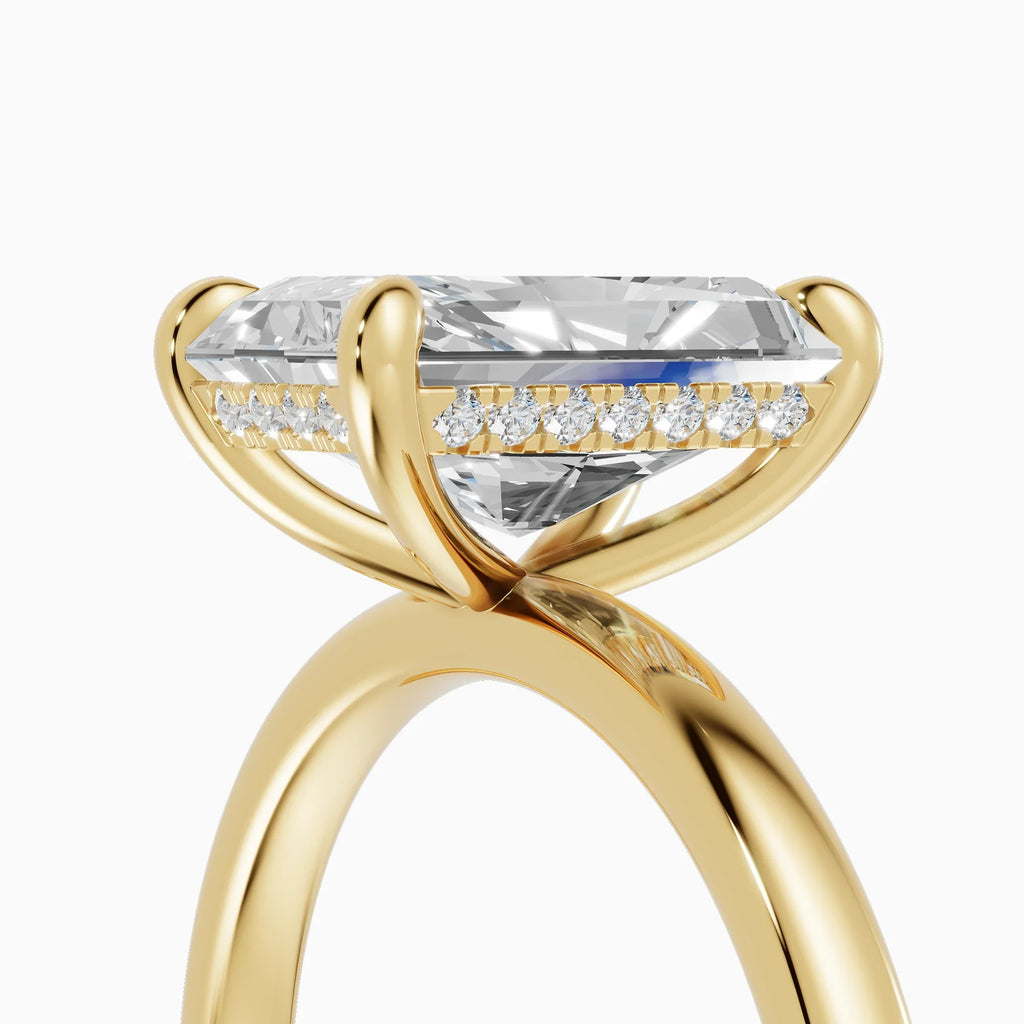 Anillo de compromiso THEIA radiante solitario halo escondido en oro amarillo - detalle engaste