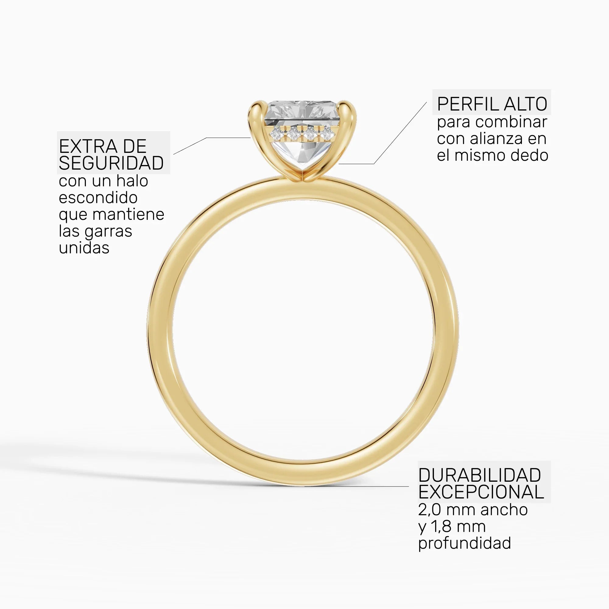 Anillo de compromiso THEIA radiante solitario halo escondido en oro amarillo 14k - perspectiva
