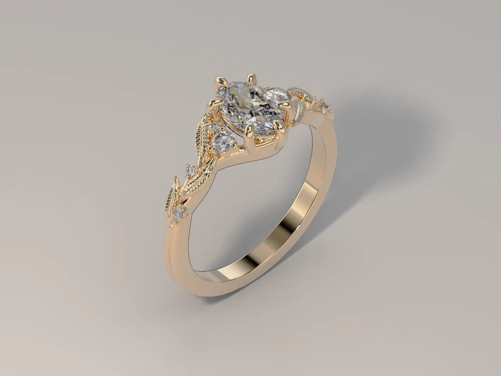 Anillo floral en oro amarillo con diamante - diseño personalizado BRAVORA