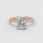 Vídeo 360° del anillo de compromiso THEIA solitario halo escondido radiante en oro rosa