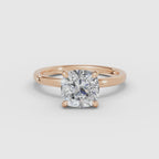 Vídeo 360° del anillo de compromiso THEIA solitario halo escondido cojín en oro rosa