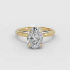 Vídeo 360° del anillo de compromiso THEIA solitario halo escondido oval en oro amarillo