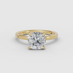 Vídeo 360° del anillo de compromiso THEIA solitario halo escondido cojín en oro amarillo